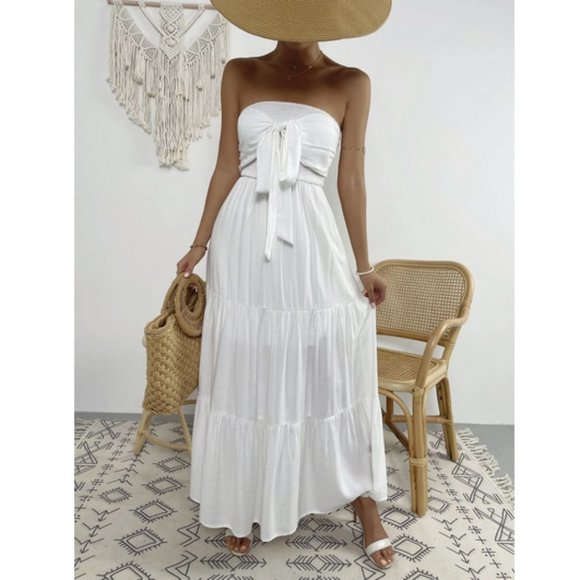 MODA ME COUTURE Dresses & Skirts - Boho Tie Front Shirred Ruffle Hem Tube Dress WHITE